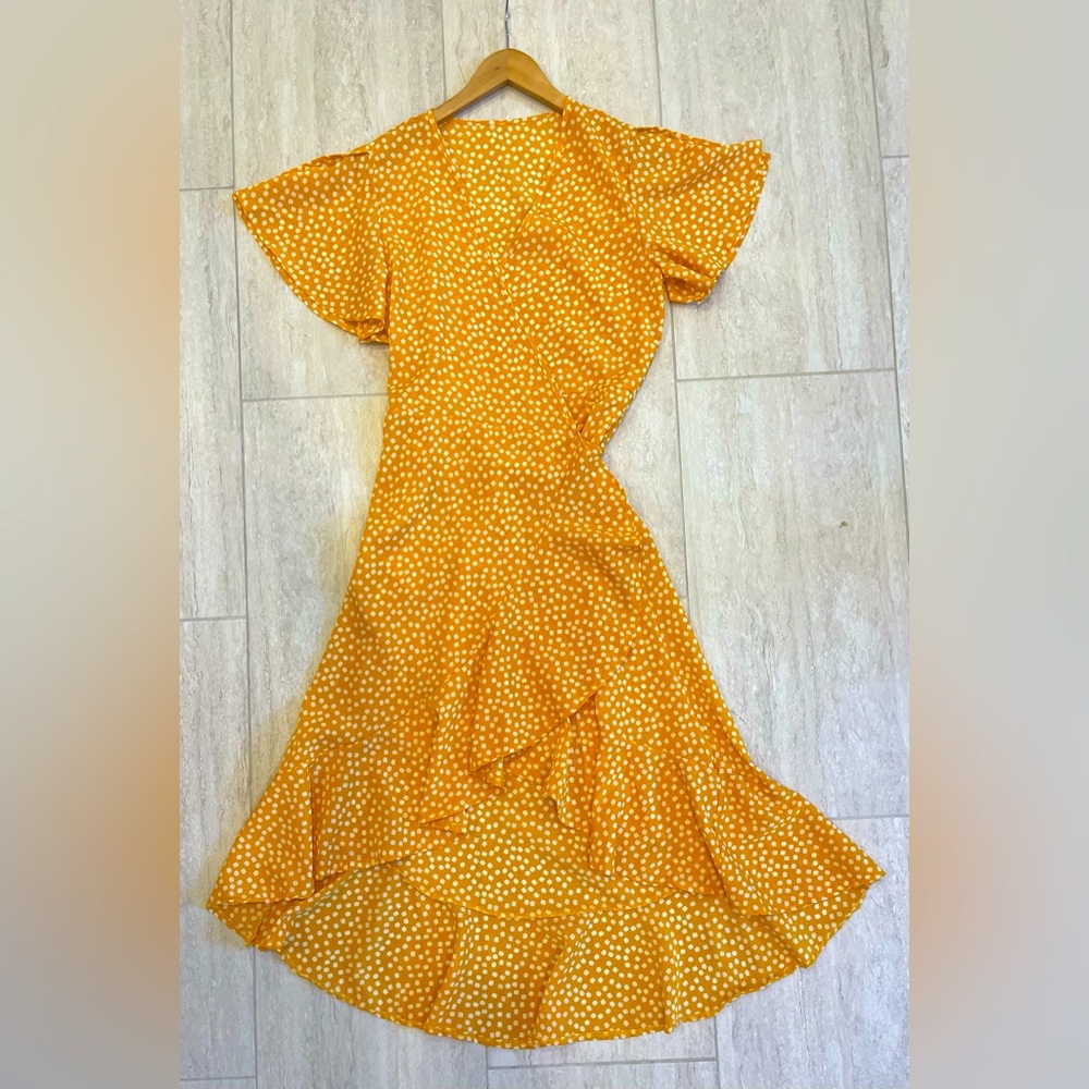New Handmade Yellow Polka Dot Flutter Sleeve Wrap Dress